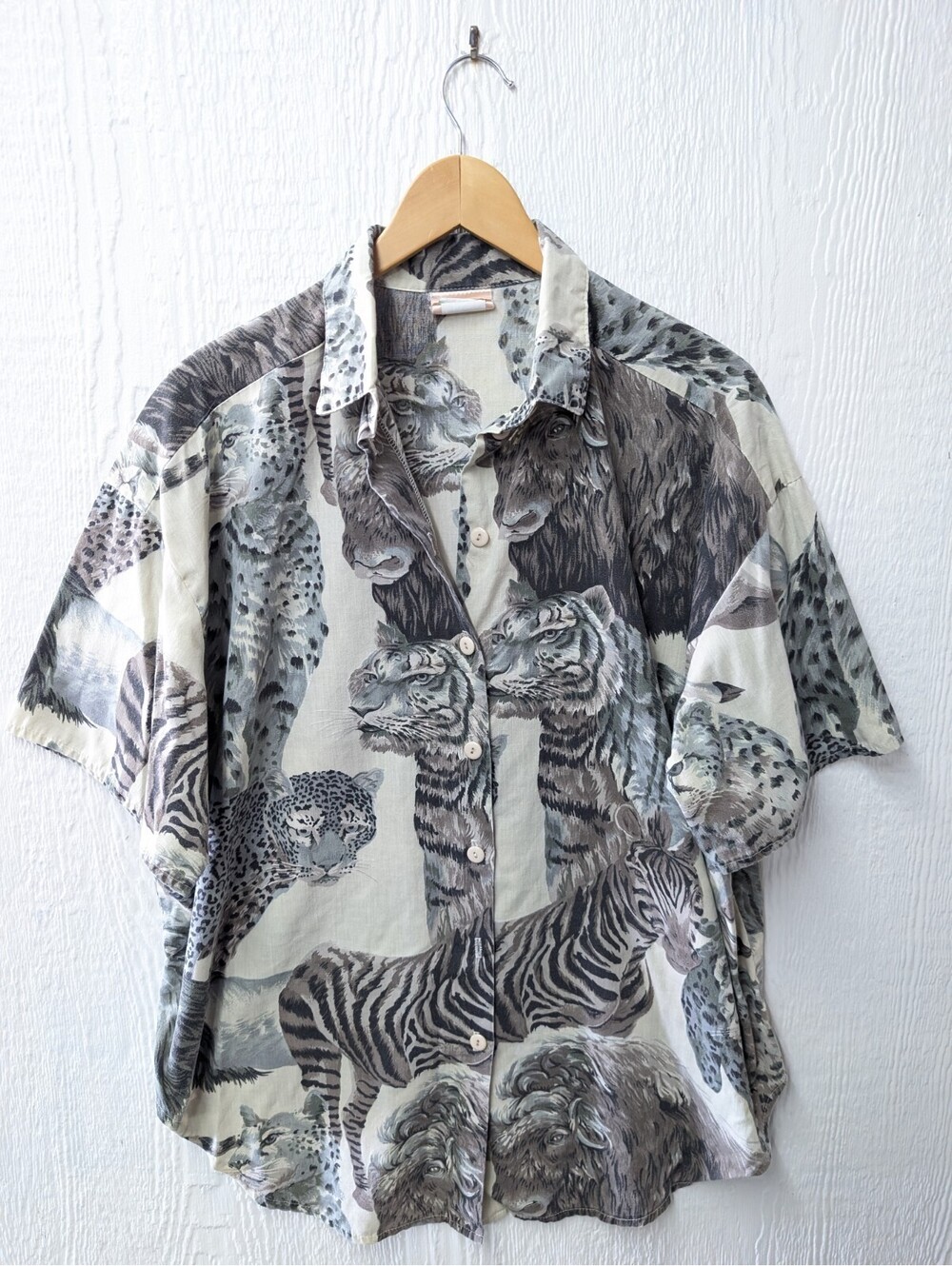 Vintage Eber Safari Big 5 Animals Button Down Shirt Sleeve Shirt Top Size 22W